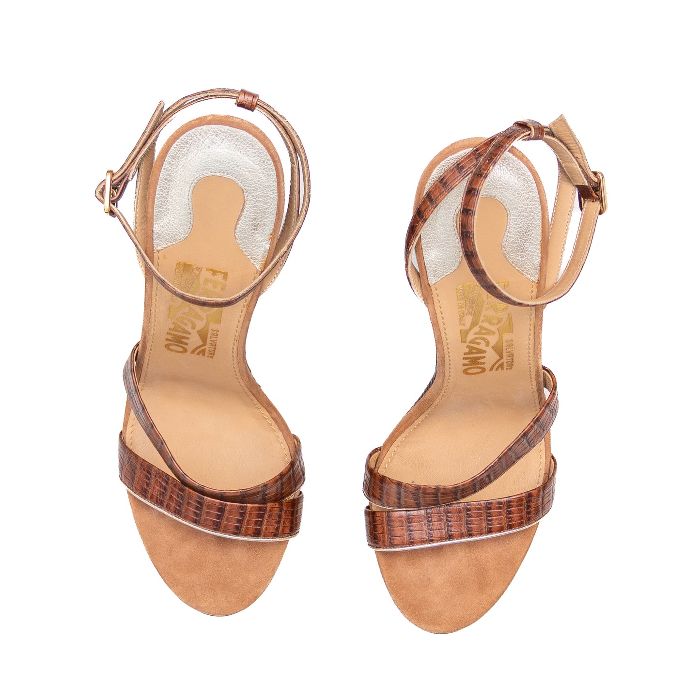 Salvatore Ferragamo Croc-Embossed Wedge Sandals – Tortoiseshell Lucite Platform – Size US 7