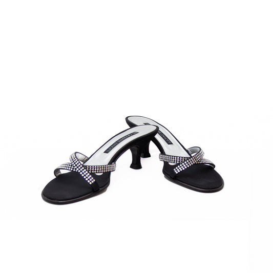 Giuseppe Zanotti Black Satin Rhinestone Slide Sandals – Size US 8