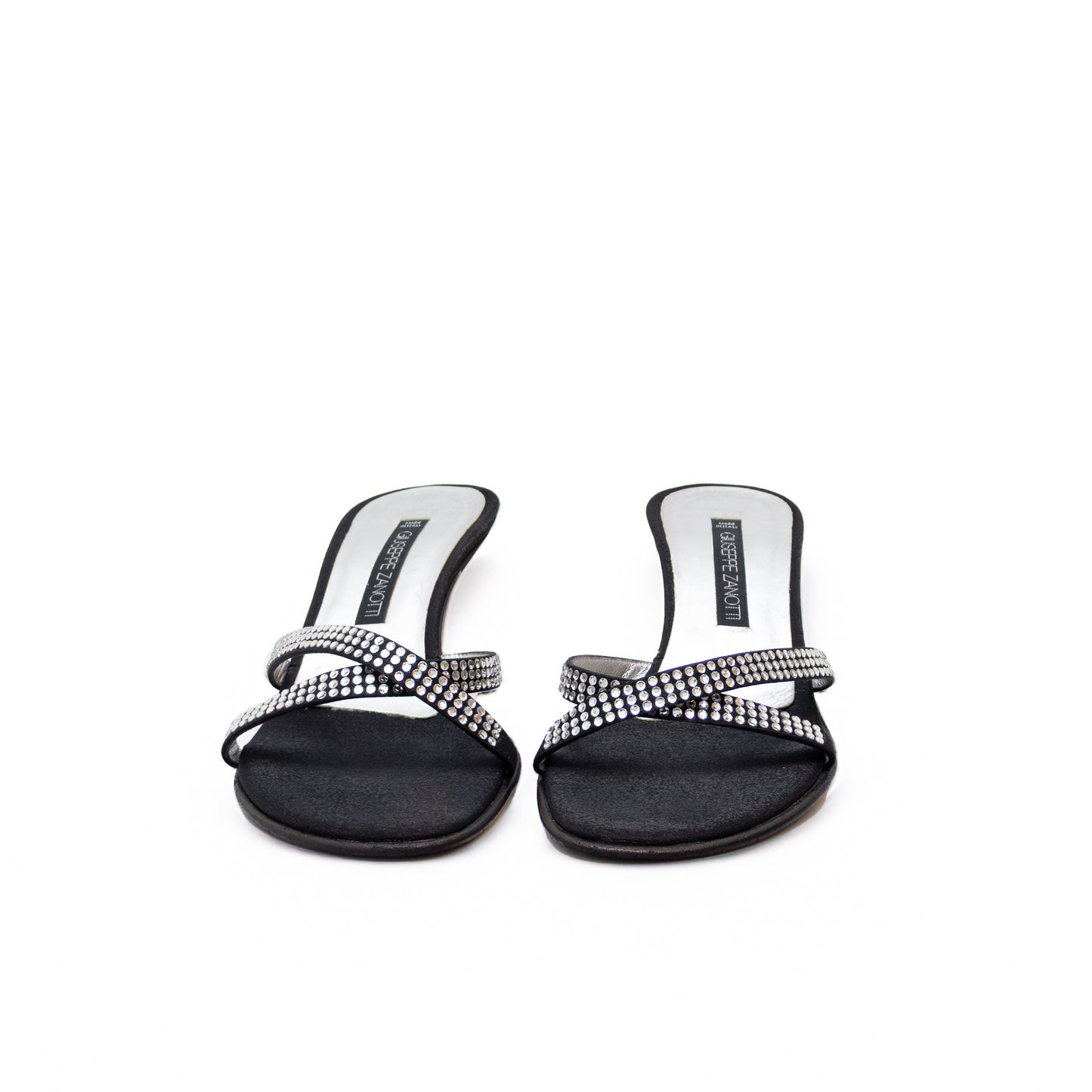 Giuseppe Zanotti Black Satin Rhinestone Slide Sandals – Size US 8