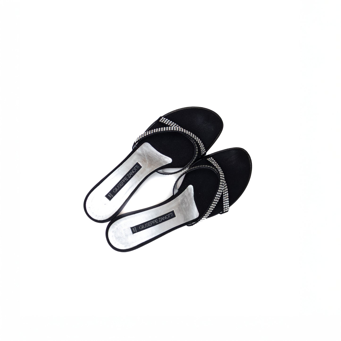 Giuseppe Zanotti Black Satin Rhinestone Slide Sandals – Size US 8