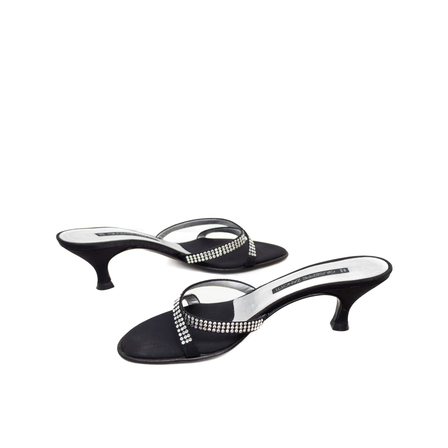 Giuseppe Zanotti Black Satin Rhinestone Slide Sandals – Size US 8