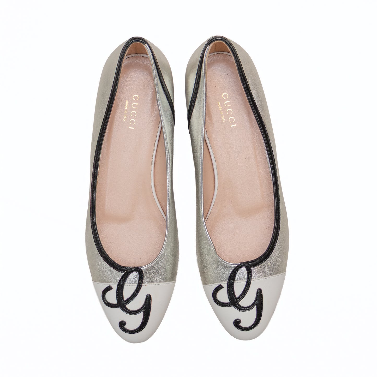 Gucci Metallic Silver Leather Ballet Flats with Embroidered G – EU 38 / US 8 / UK 5.5