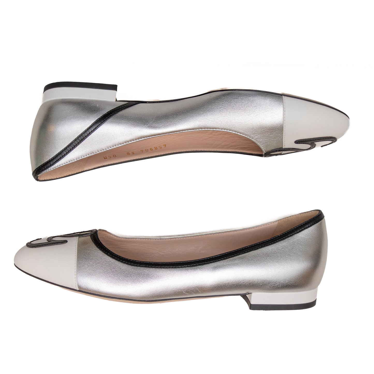 Gucci Metallic Silver Leather Ballet Flats with Embroidered G – EU 38 / US 8 / UK 5.5