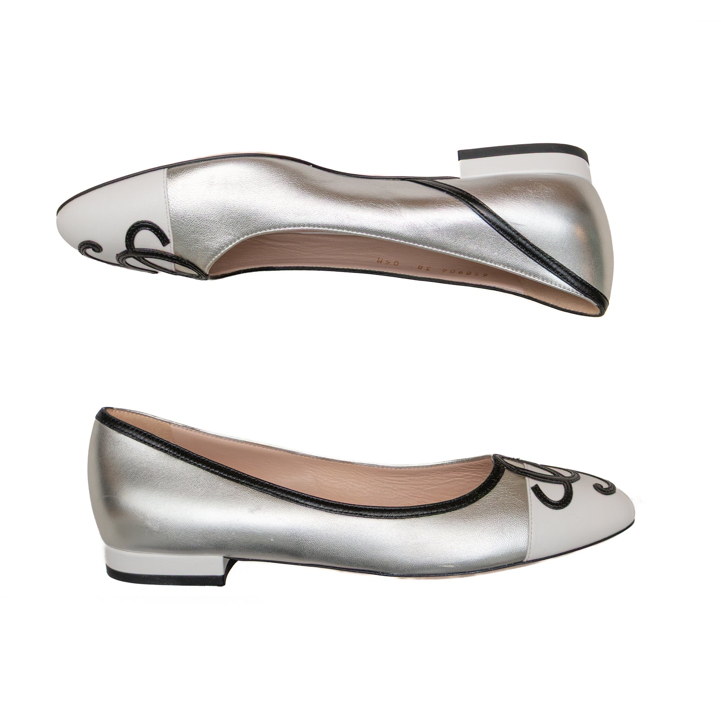 Gucci Metallic Silver Leather Ballet Flats with Embroidered G – EU 38 / US 8 / UK 5.5