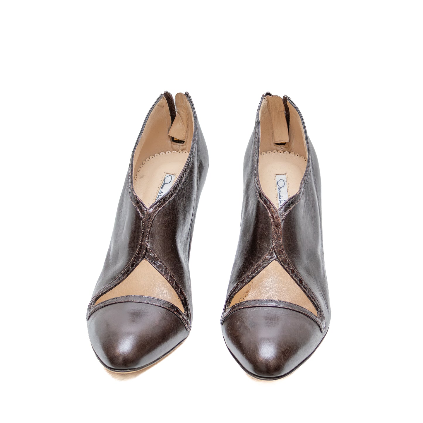 Oscar de la Renta Brown Leather Peep Toe Zip Back Heels - Size EU 39 - US 8.5 - 9