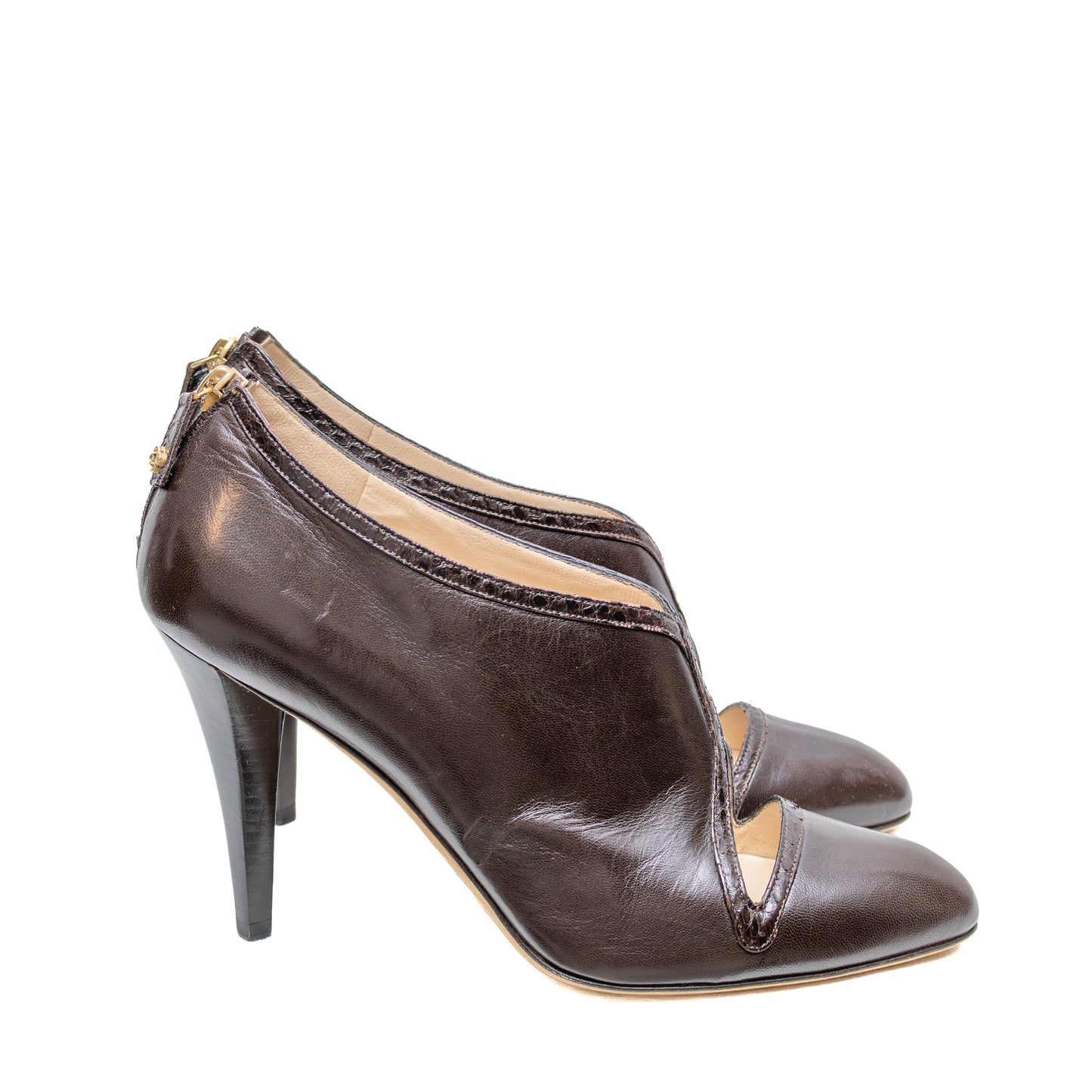 Oscar de la Renta Brown Leather Peep Toe Zip Back Heels - Size EU 39 - US 8.5 - 9