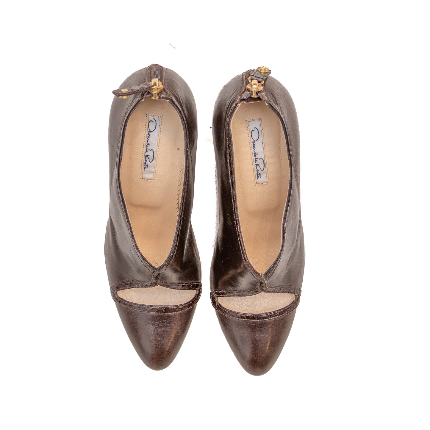 Oscar de la Renta Brown Leather Peep Toe Zip Back Heels - Size EU 39 - US 8.5 - 9