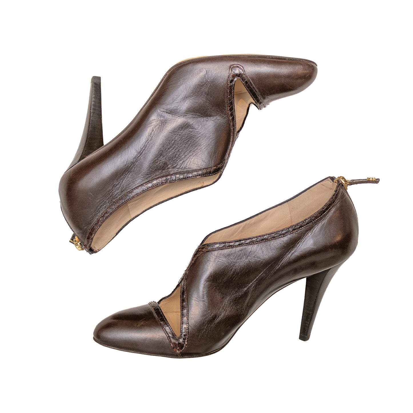 Oscar de la Renta Brown Leather Peep Toe Zip Back Heels - Size EU 39 - US 8.5 - 9