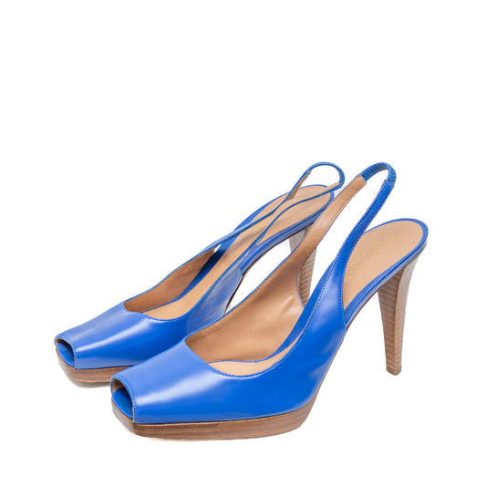 Sergio Rossi Blue Leather Slingback Peep Toe Heels | Size EU 39 / US 8.5 - 9