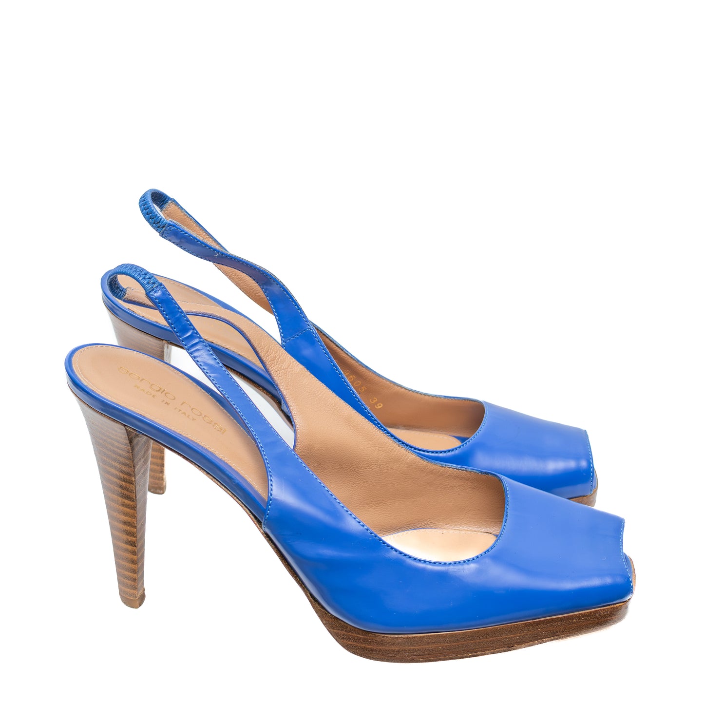 Sergio Rossi Blue Leather Slingback Peep Toe Heels | Size EU 39 / US 8.5 - 9