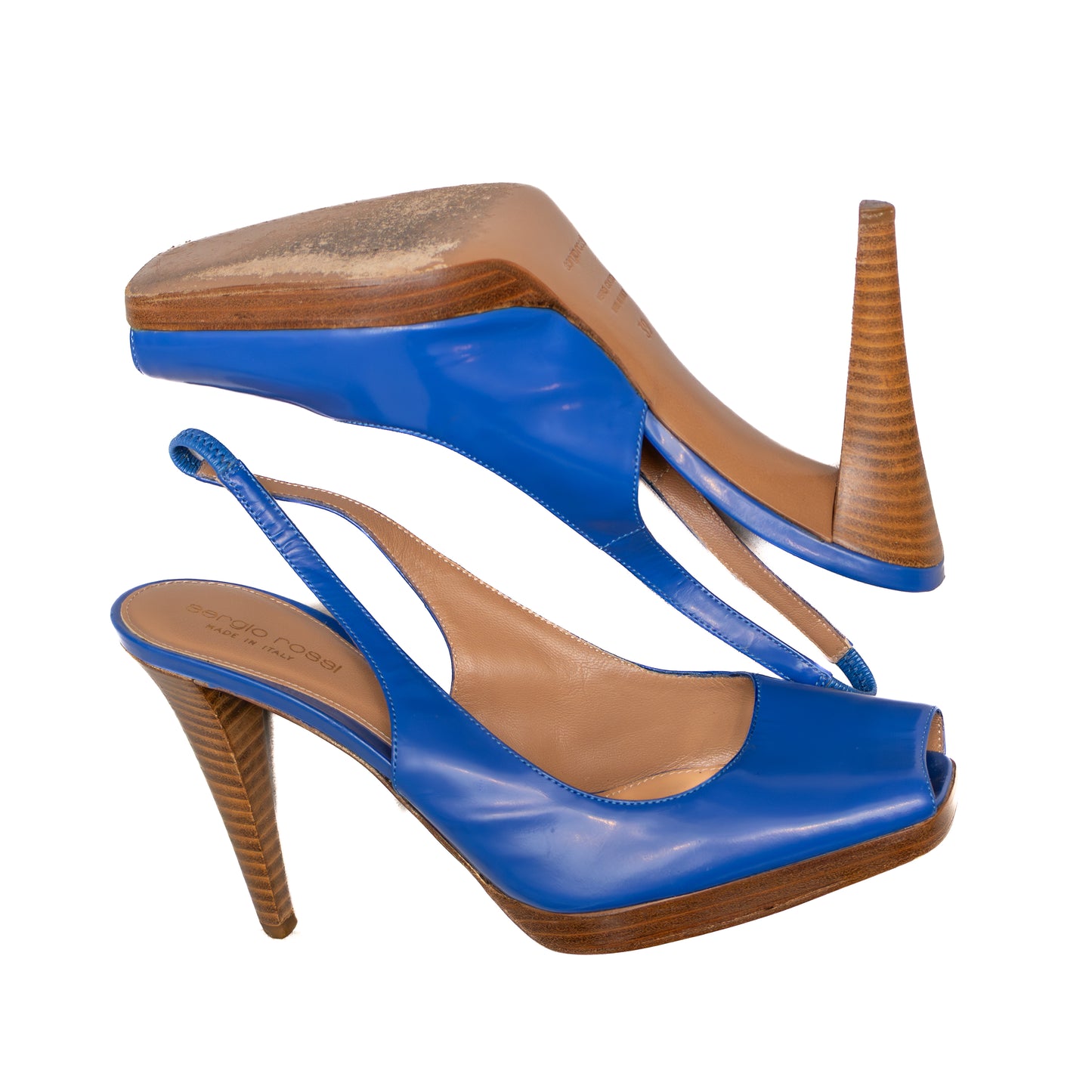 Sergio Rossi Blue Leather Slingback Peep Toe Heels | Size EU 39 / US 8.5 - 9