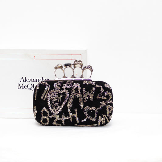 RARE Alexander McQueen Knuckle Box Clutch – Black Velvet with Silver Embellished Graffiti & Skull Ring Clasp