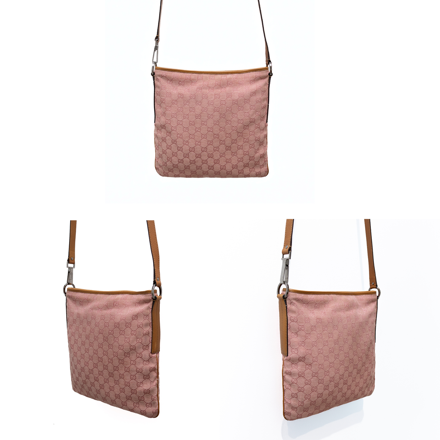 Gucci GG Monogram Pink Canvas Leather Trim Crossbody Bag - Style 113018 1956