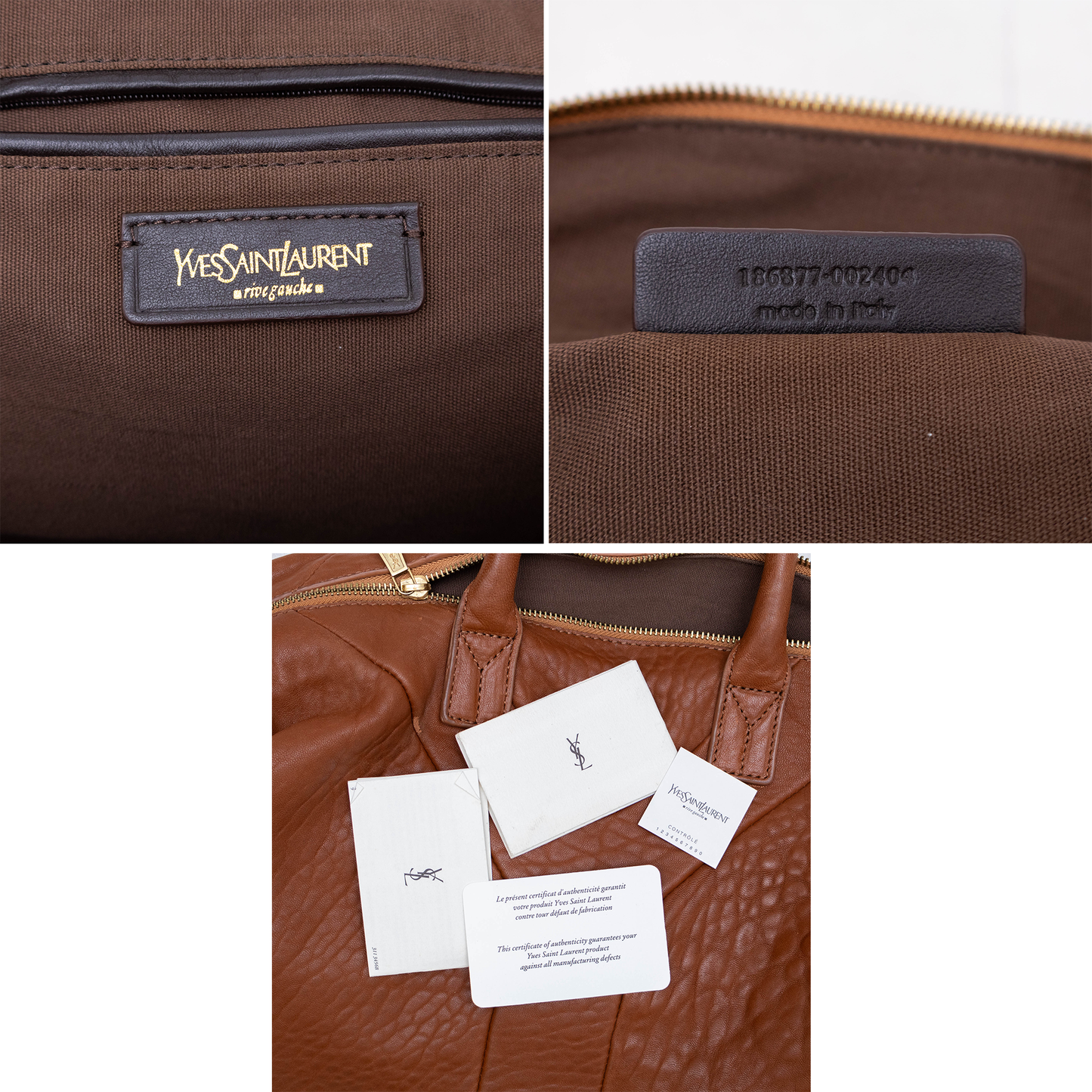 Rare YVES SAINT LAURENT Brown Pebbled Leather Easy Y Zip Weekender Duffle Bag