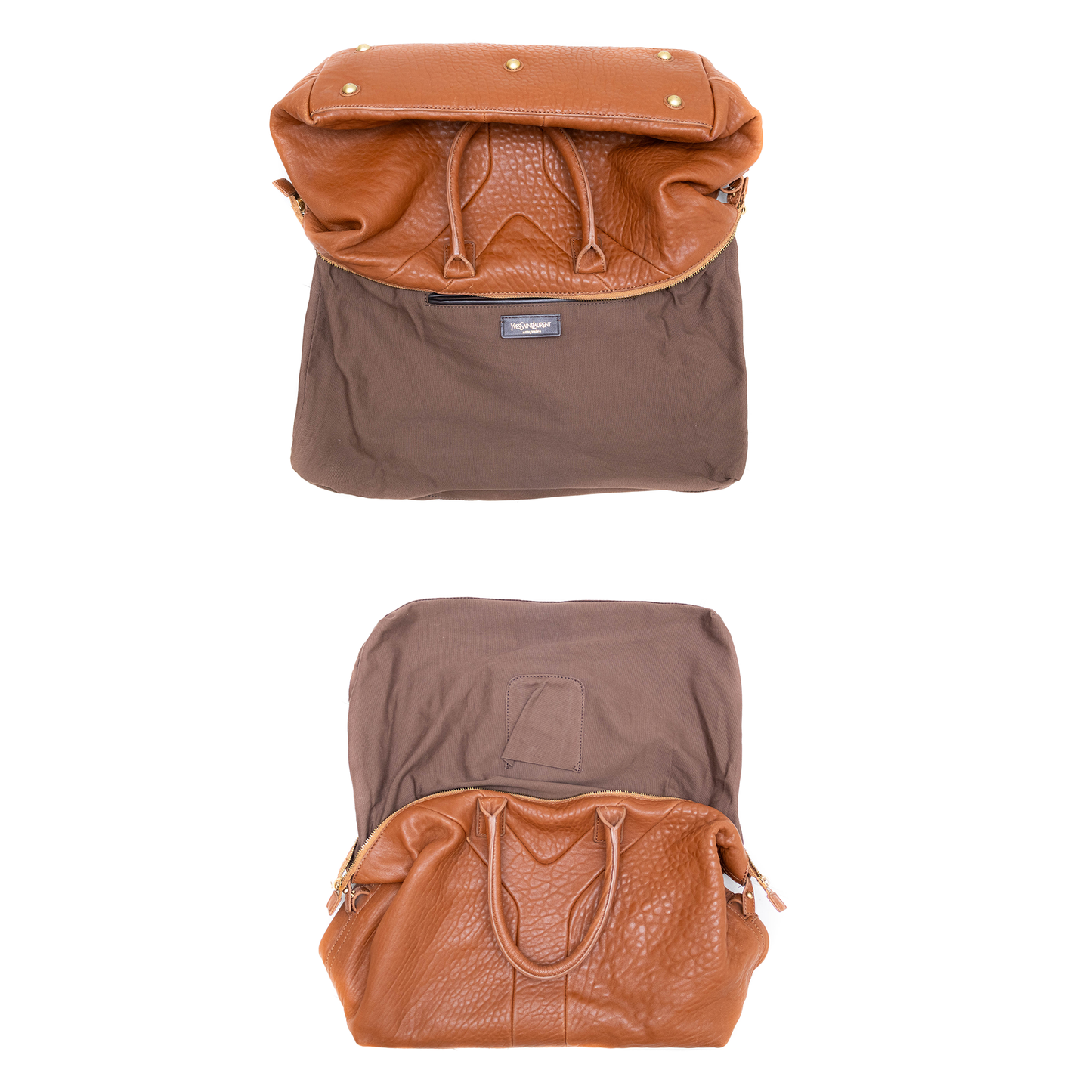 Rare YVES SAINT LAURENT Brown Pebbled Leather Easy Y Zip Weekender Duffle Bag